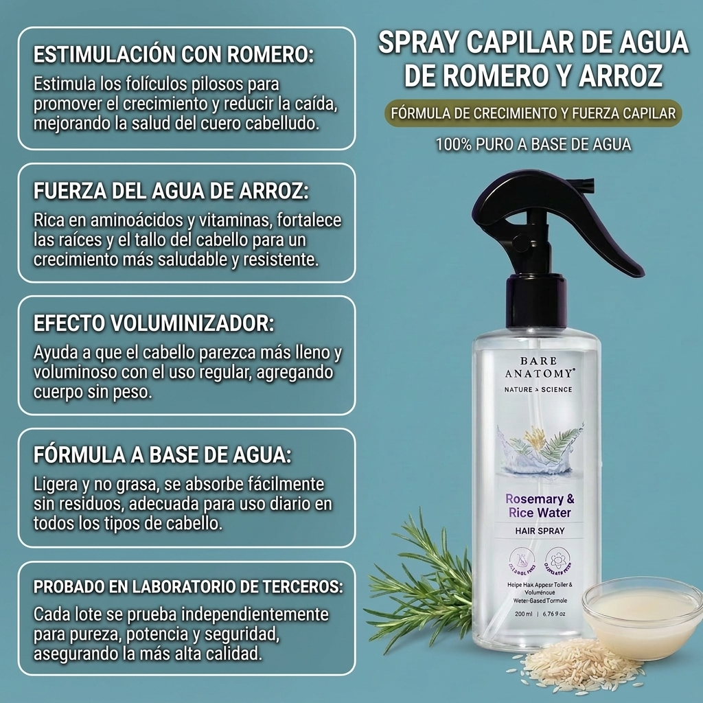 BARE Spray Orgánico para el Crecimiento del Cabello con Romero y Agua de Arroz