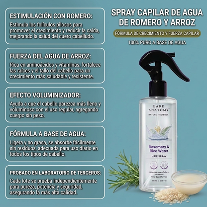 BARE Spray Orgánico para el Crecimiento del Cabello con Romero y Agua de Arroz